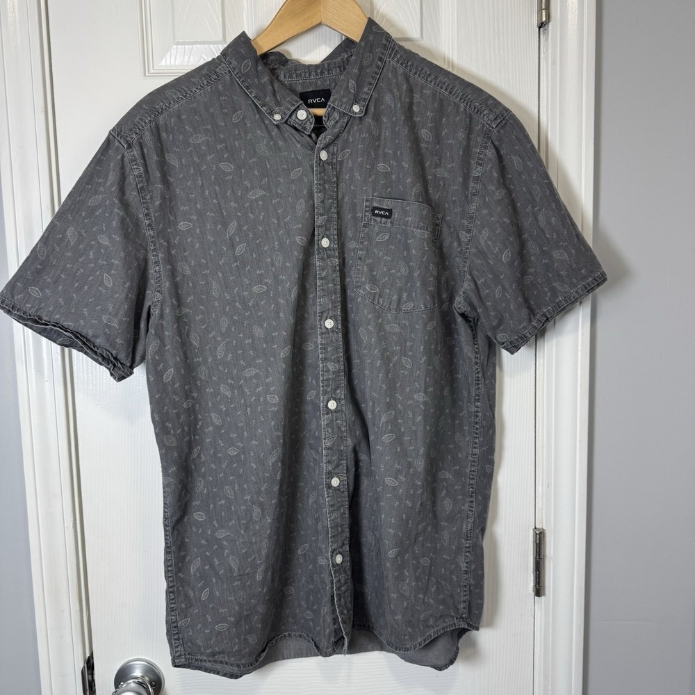 RVCA Men's Large Dead Flag Floral Paisley Regular Fit Denim Gray Shirt
